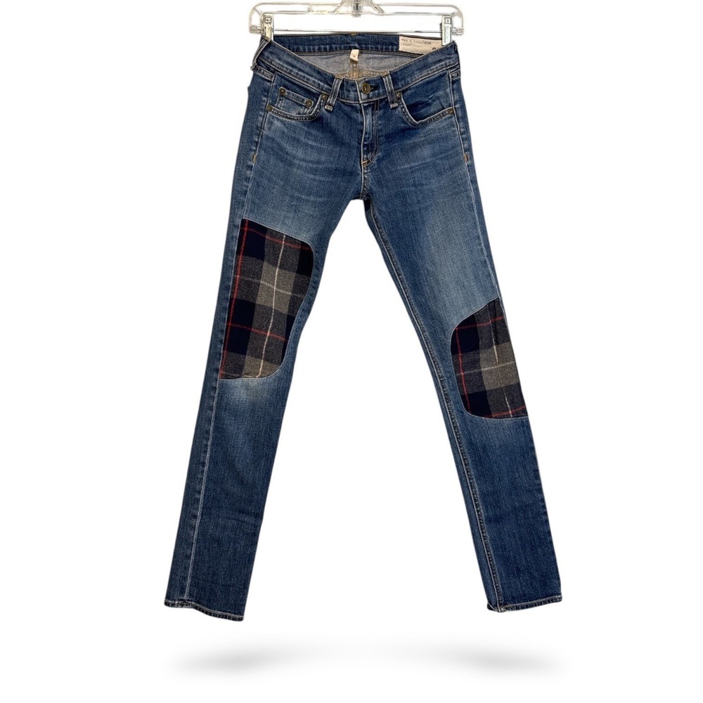 Rag & Bone The‎ Dre Patched LoRise Jeans Wm Size 24 Blue Denim Plaid Knee Skinny